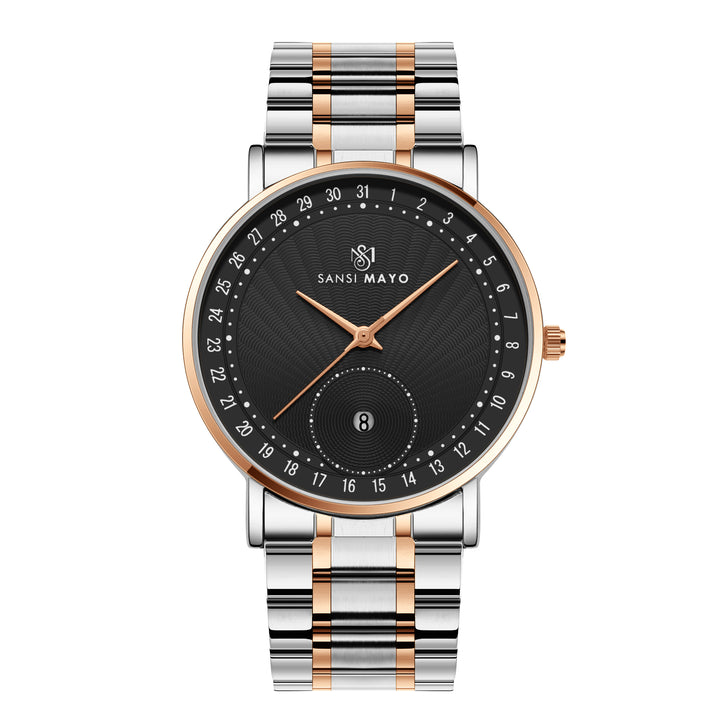 Sansi Mayo AxisTwo-Tone Rose Gold Stainless Steel Watch — Black Dial