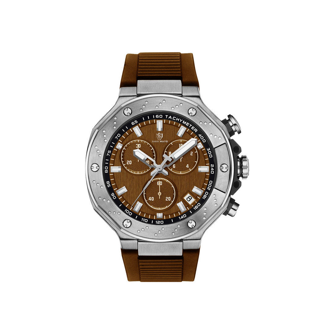 Sansi Mayo Romano Brown Dial Men’s Watch — Silver Case with Brown Silicone Strap