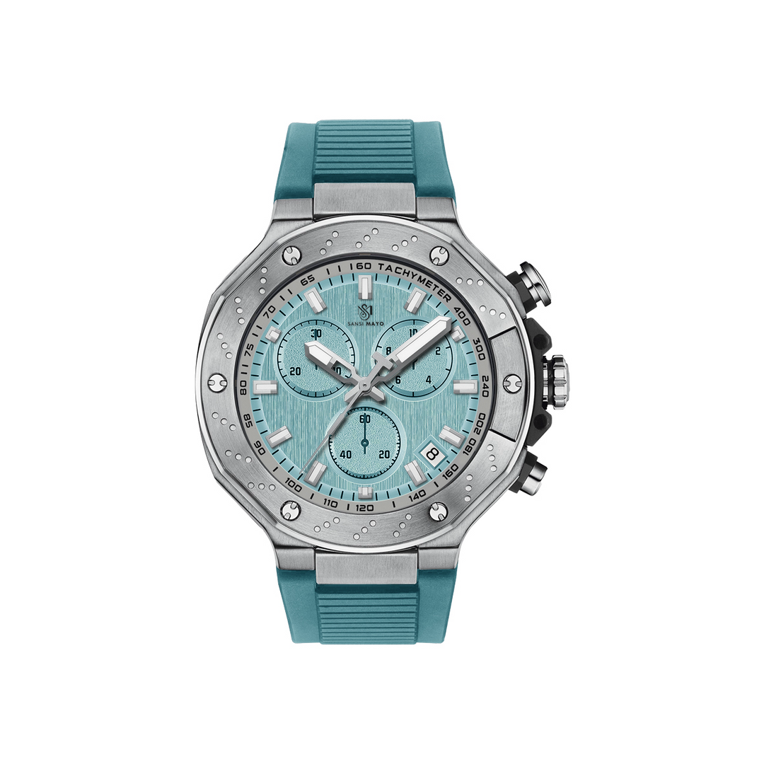 Sansi Mayo Men's Watch — Romano Collection (Sky Blue Dial, Silver Case, Sky Blue Silicone Strap)