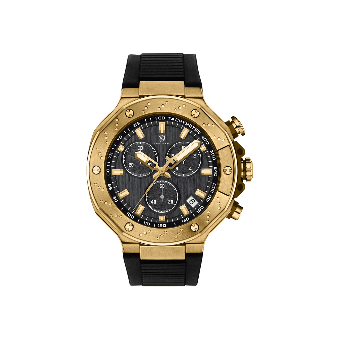 Sansi Mayo Romano Black Dial Men’s Watch — Gold Case & Black Silicone Strap