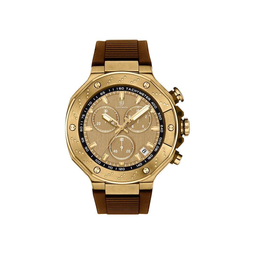 Sansi Mayo Romano Gold Dial Watch — Brown Strap, Gold Case for Men