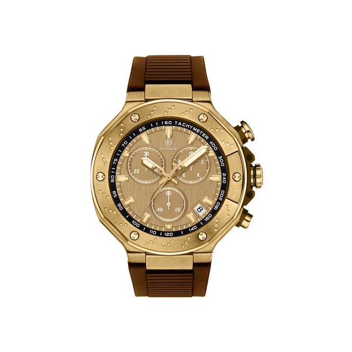 Sansi Mayo Romano Gold Dial Watch — Brown Strap, Gold Case for Men