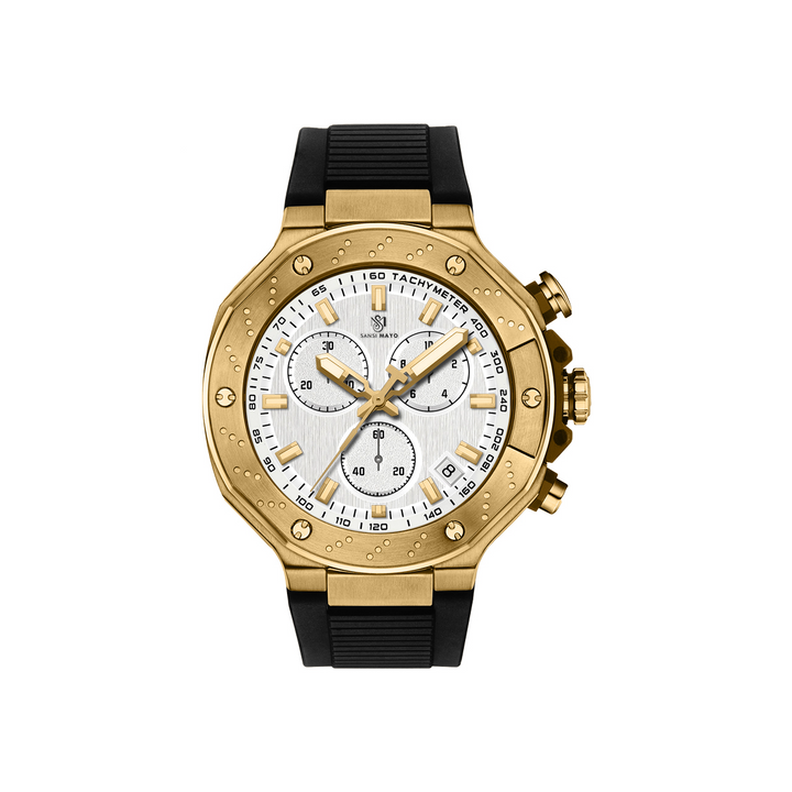 Sansi Mayo Romano White Dial Watch — Black Strap, Gold Case for Men