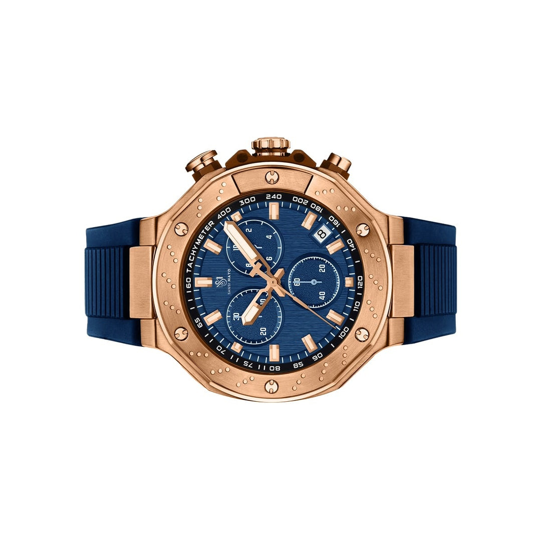 Sansi Mayo Romano Blue Dial Watch — Rose Gold Case, Blue Silicone Strap for Men