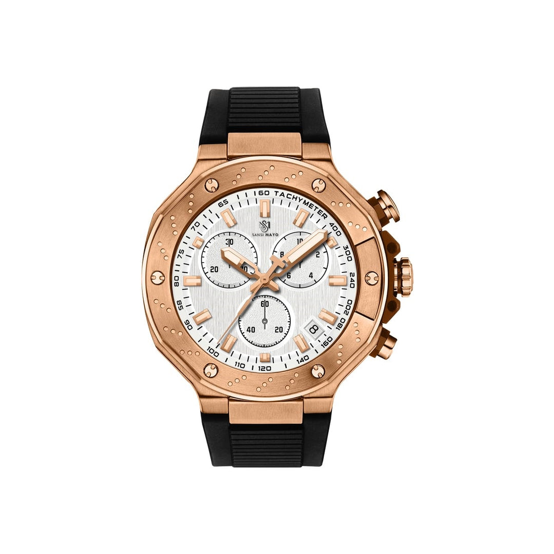 Sansi Mayo Romano White Dial Watch — Rose Gold Case, Black Silicone Strap for Men