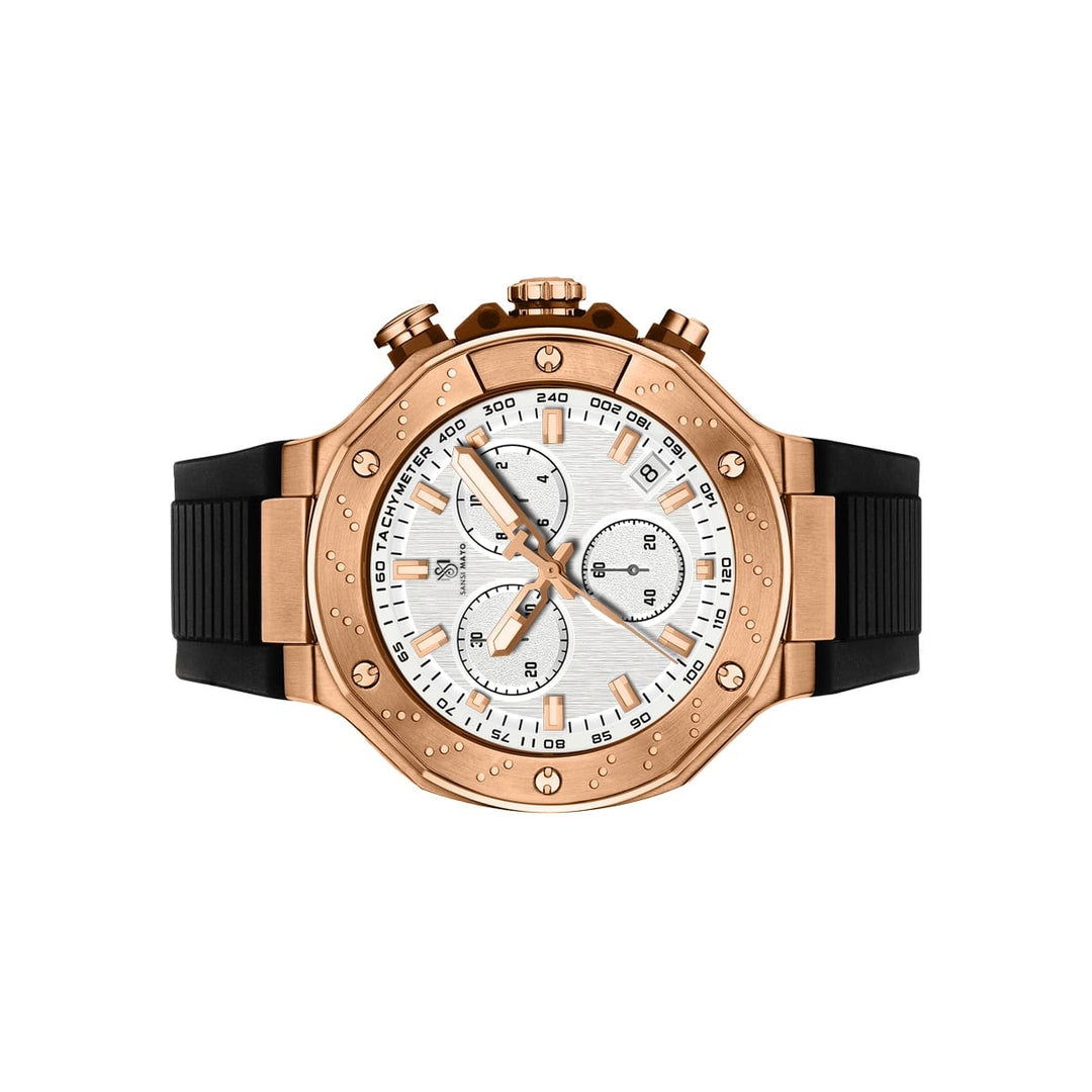 Sansi Mayo Romano White Dial Watch — Rose Gold Case, Black Silicone Strap for Men