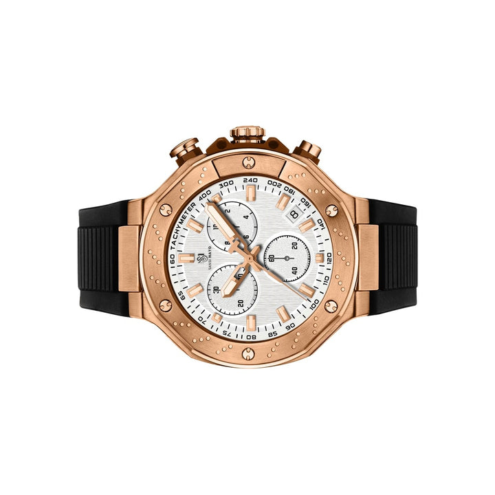 Sansi Mayo Romano White Dial Watch — Rose Gold Case, Black Silicone Strap for Men