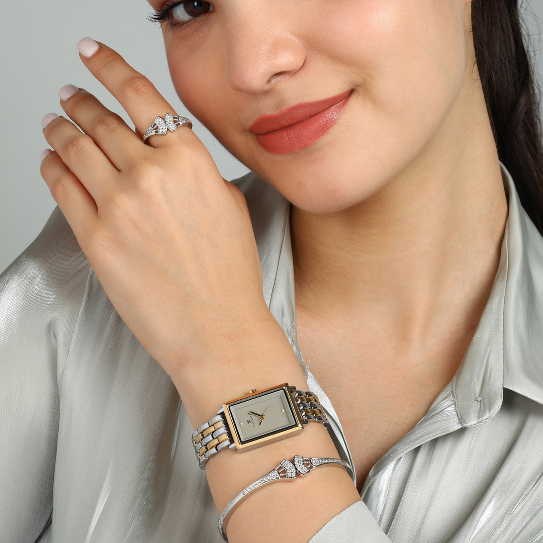 Sansi Mayo Women’s Watch, Bangle & Ring Gift Set — Two-Tone Silver Gold with Grey Dial & Crystal Egyptian Stone