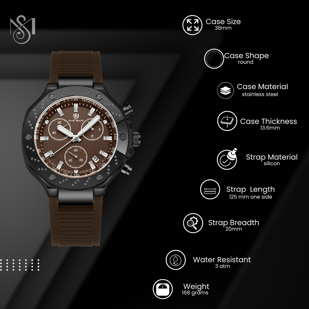 Romano Brown Dial Men’s Watch — Black Case & Silicone Strap