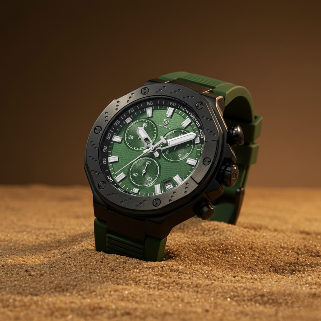 Romano Green Dial Men’s Watch — Black Case & Silicone Strap