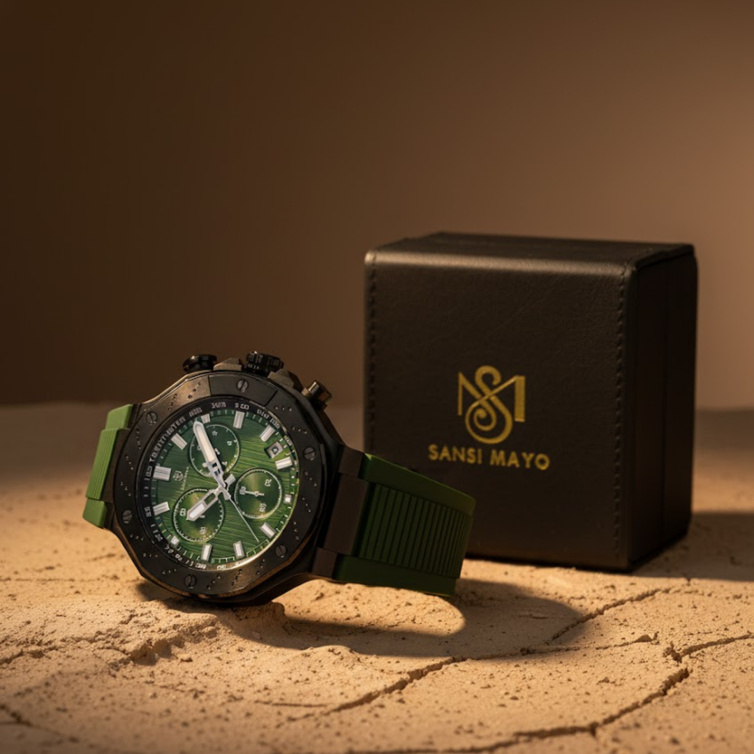 Romano Green Dial Men’s Watch — Black Case & Silicone Strap