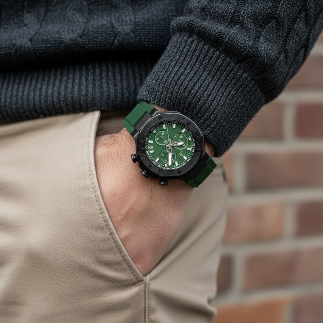 Romano Green Dial Men’s Watch — Black Case & Silicone Strap