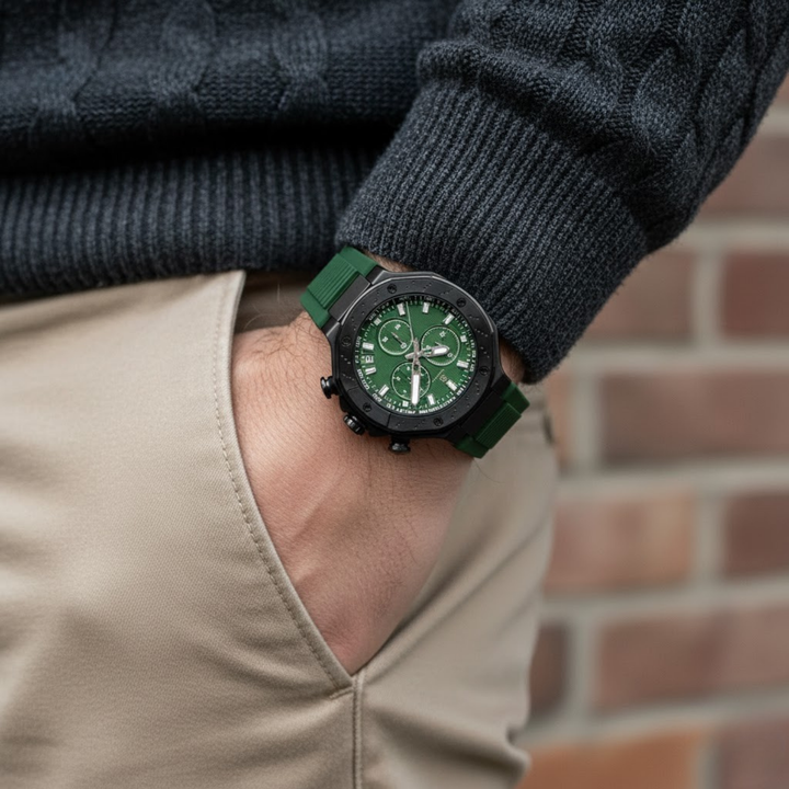 Romano Green Dial Men’s Watch — Black Case & Silicone Strap