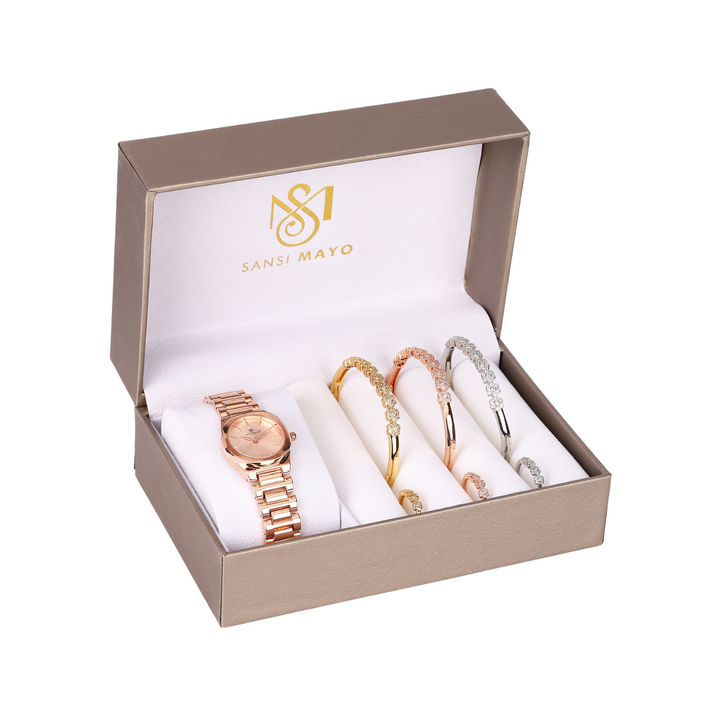 Sansi Mayo Women’s Watch, Bangle & Ring Gift Set — Rose Gold Round Dial with Crystal Egyptian Stone