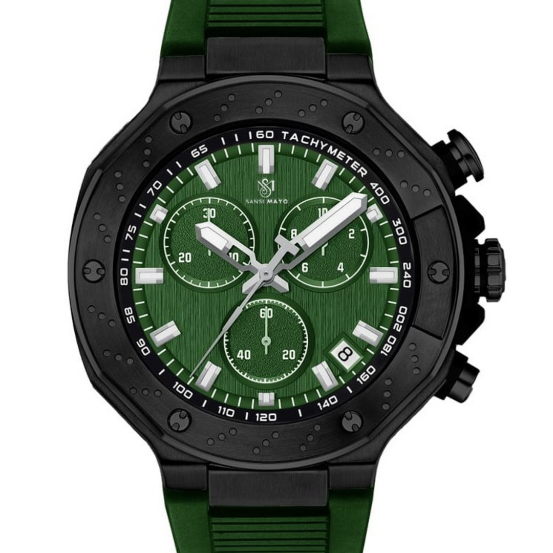 Romano Green Dial Men’s Watch — Black Case & Silicone Strap