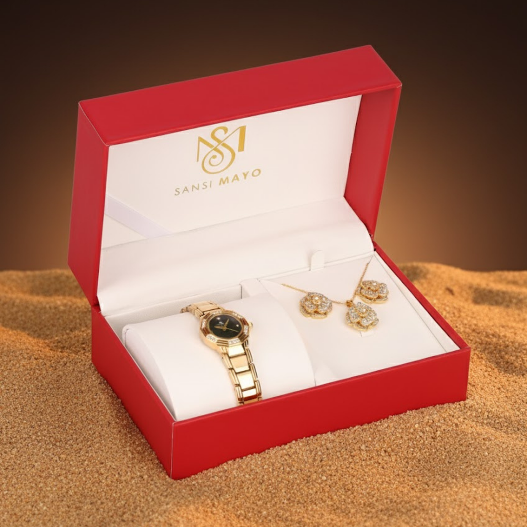 Sansi Mayo Women’s Watch & Jewellery Gift Set — Gold with Black Dial & Egyptian Stone