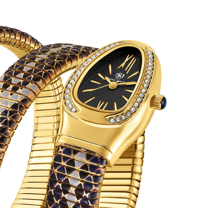 Koil Snake Two-Tone Gold Black Silver Bracelet Watch — Black Dial | Sansi Mayo