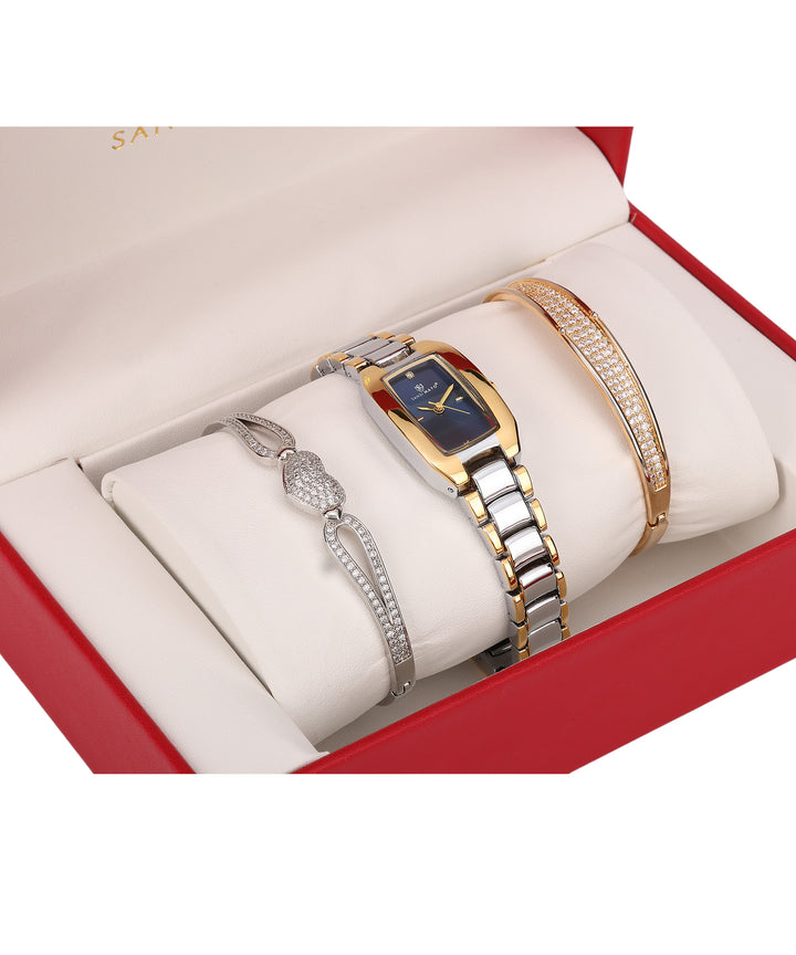 Sansimayo Women’s Rectangle Blue Dial Watch with 2 Bracelet Set – Two Tone Silver Gold