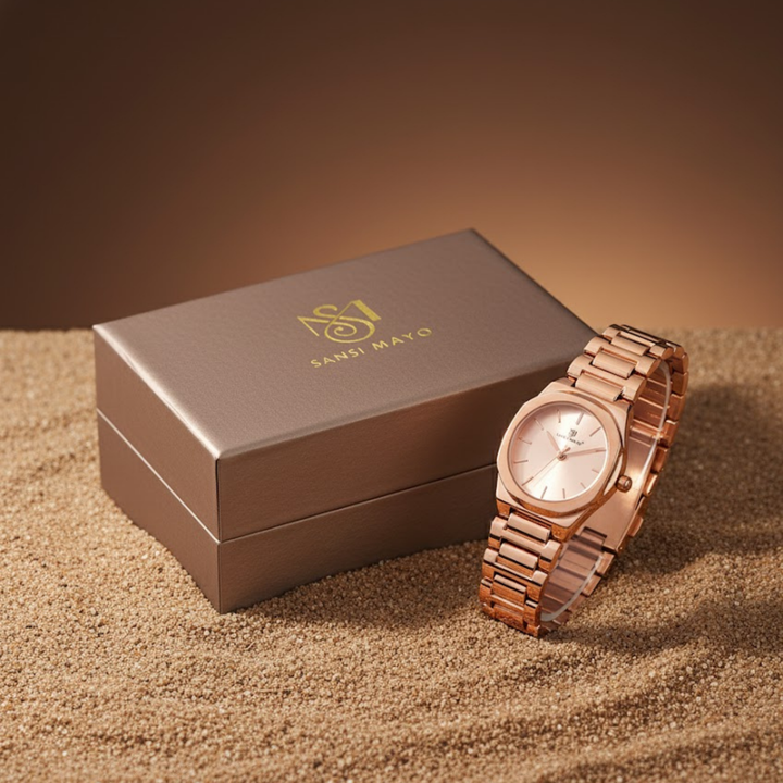 Sansi Mayo Women’s Watch, Bangle & Ring Gift Set — Rose Gold Round Dial with Crystal Egyptian Stone