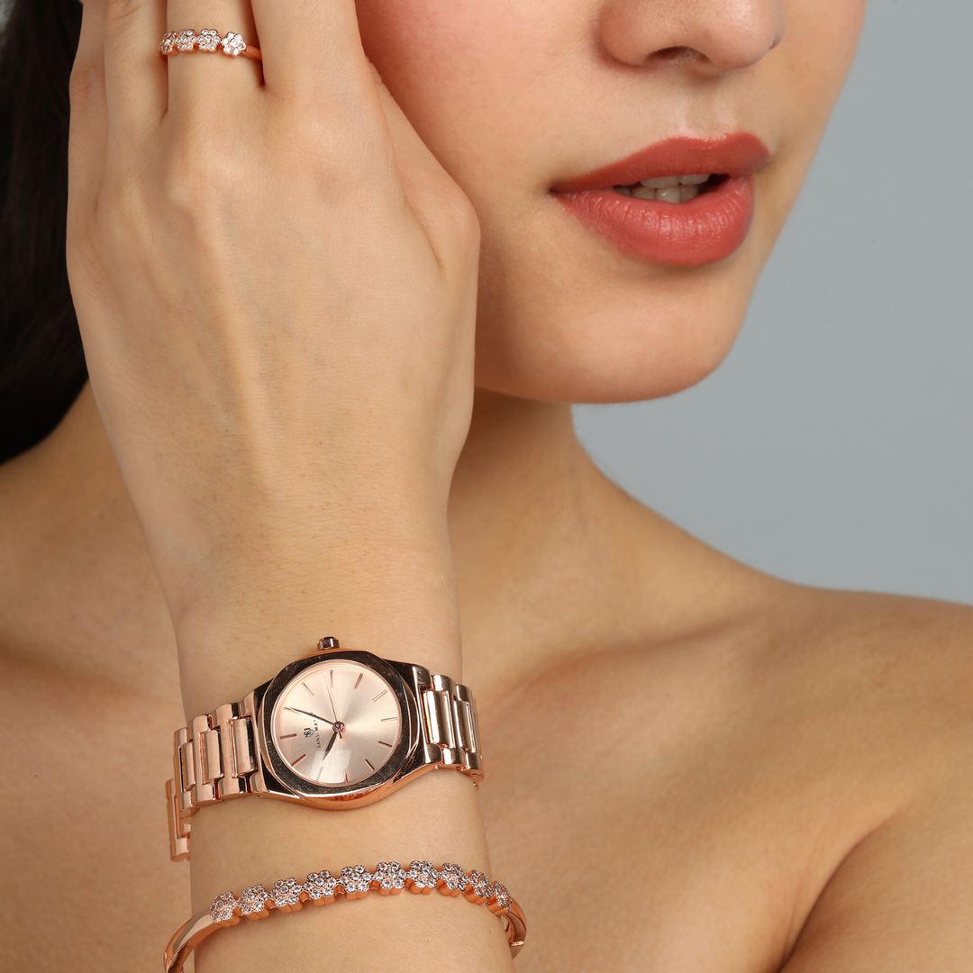 Sansi Mayo Women’s Watch, Bangle & Ring Gift Set — Rose Gold Round Dial with Crystal Egyptian Stone