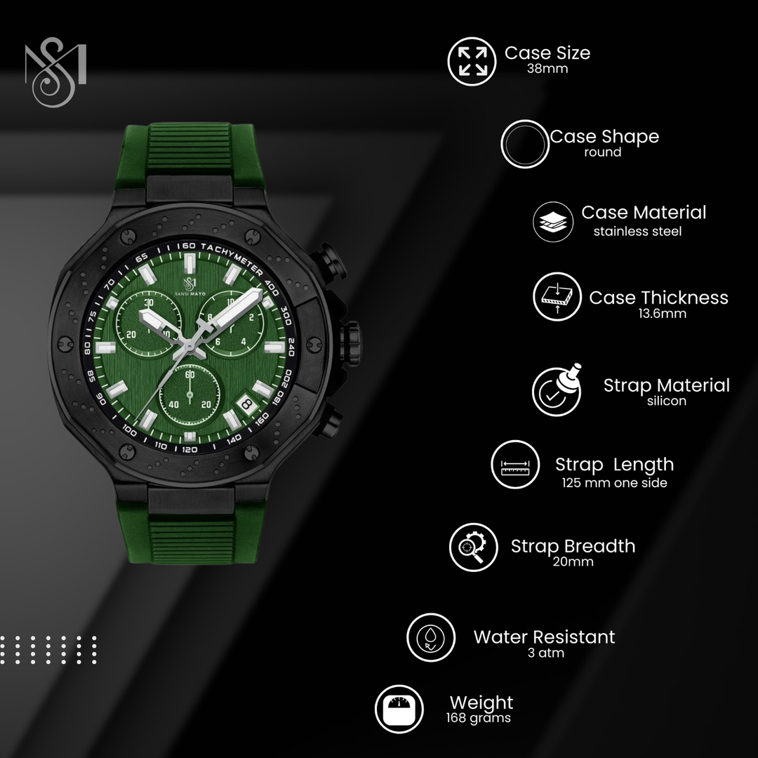 Romano Green Dial Men’s Watch — Black Case & Silicone Strap