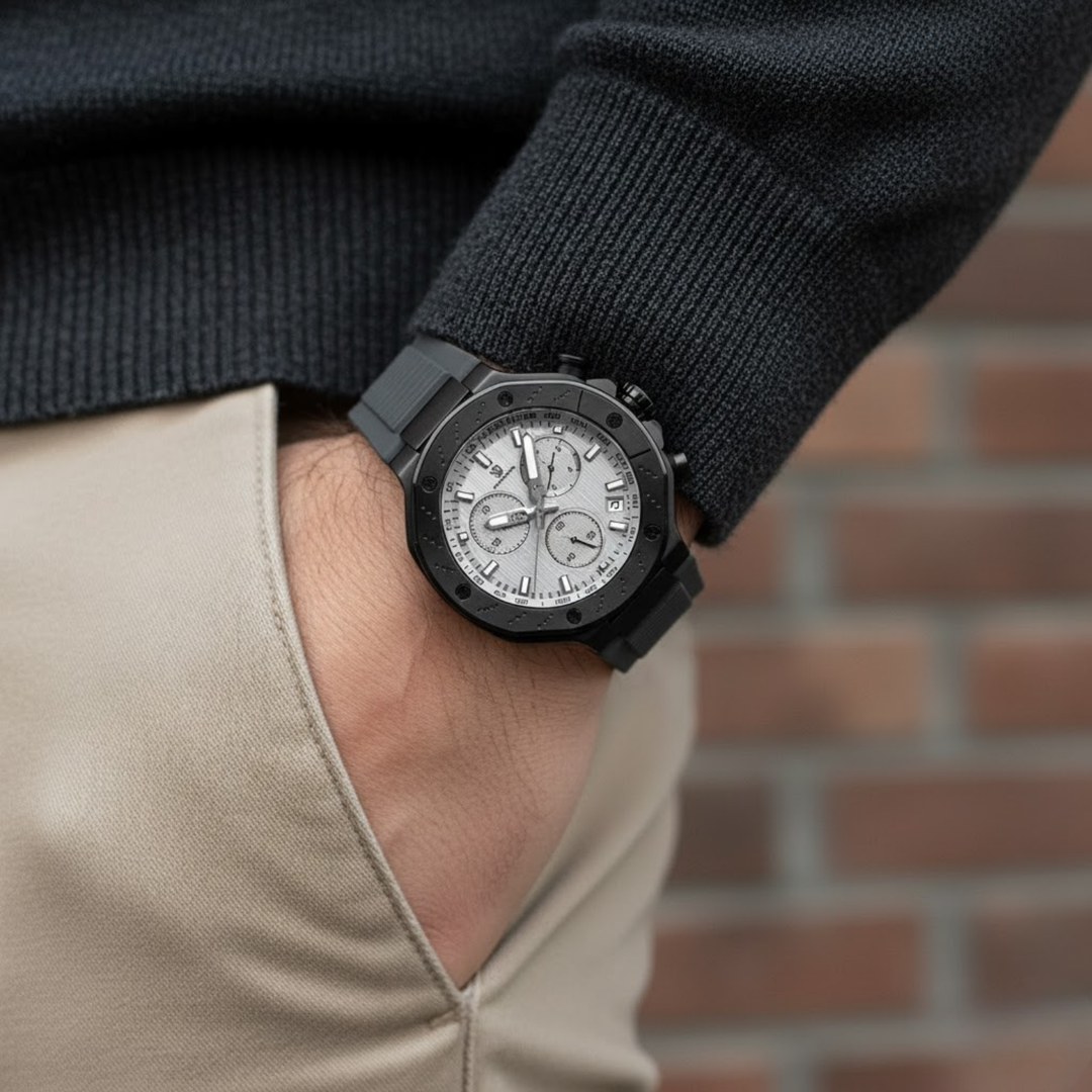 Romano Grey Dial Men’s Watch — Black Case & Silicone Strap