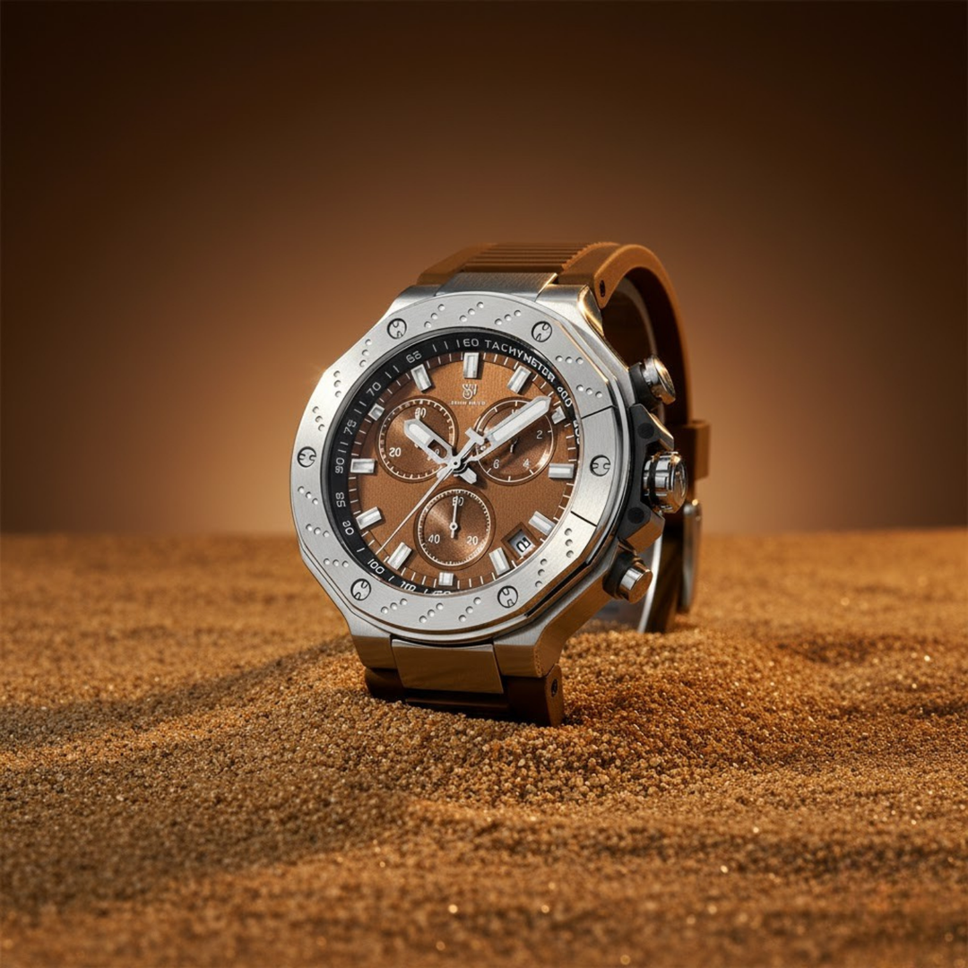 Romano Brown Dial Men’s Watch — Silver Case with Brown Silicone Strap