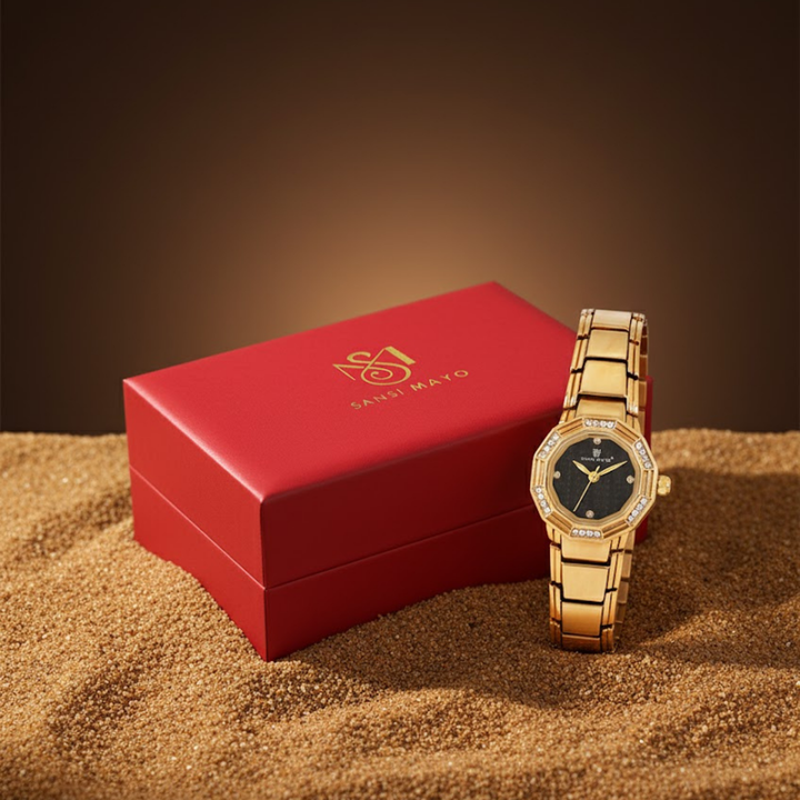 Sansi Mayo Women’s Watch & Jewellery Gift Set — Gold with Black Dial & Egyptian Stone