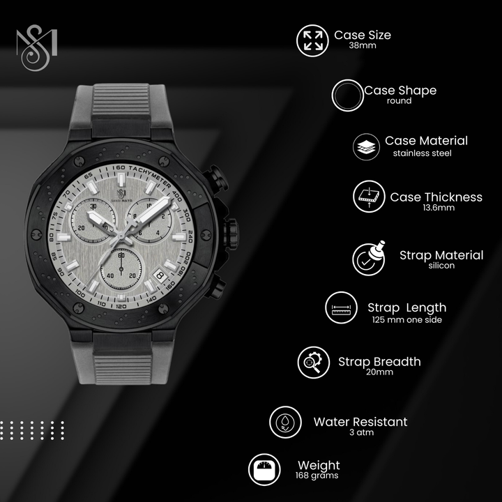 Romano Grey Dial Men’s Watch — Black Case & Silicone Strap