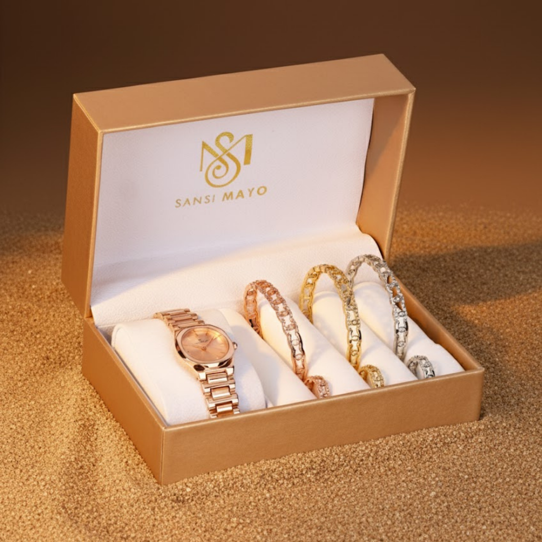 Sansimayo Women’s Rose Gold Watch with Bangle & Ring Set – Crystal Egyptian Stone