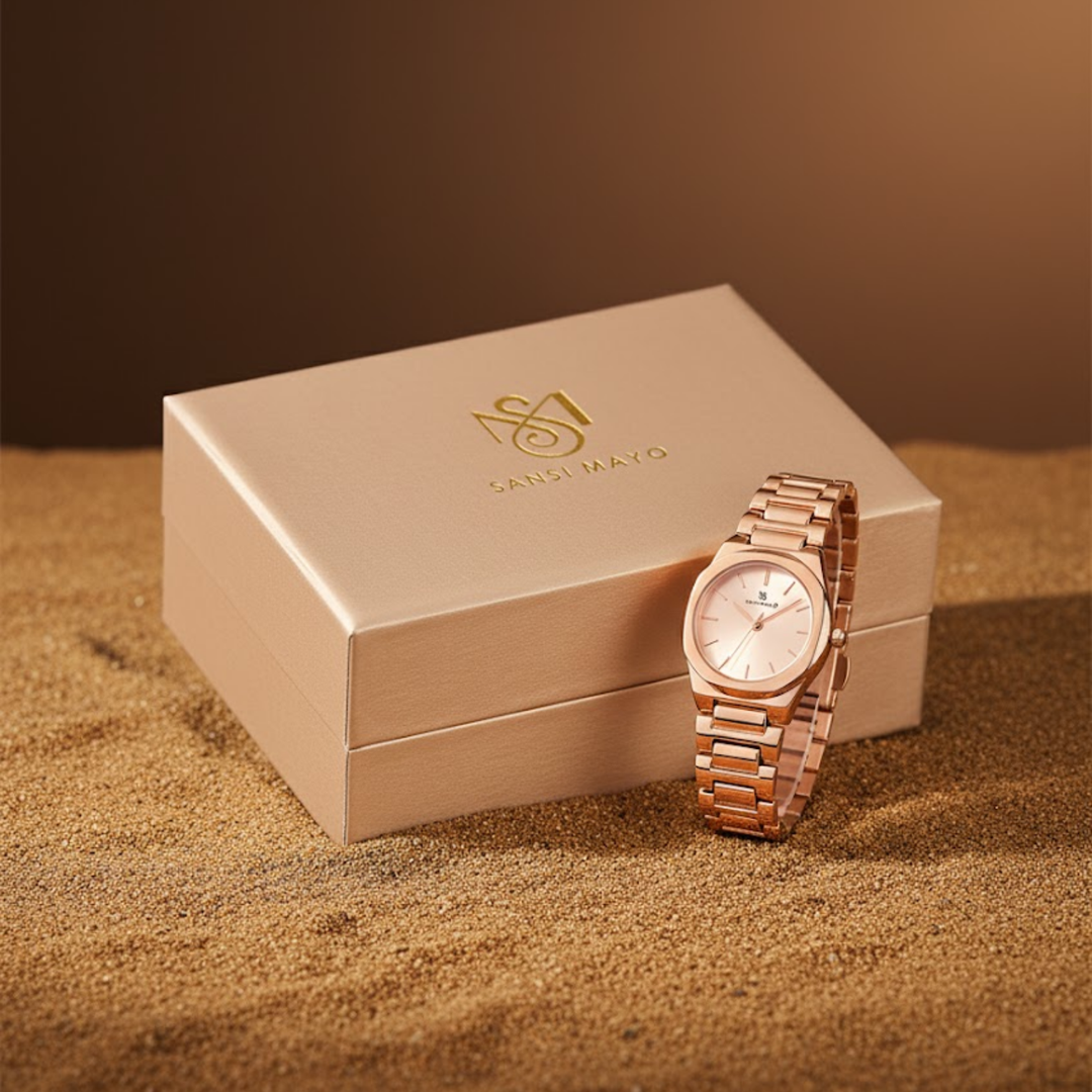 Sansimayo Women’s Rose Gold Watch with Bangle & Ring Set – Crystal Egyptian Stone