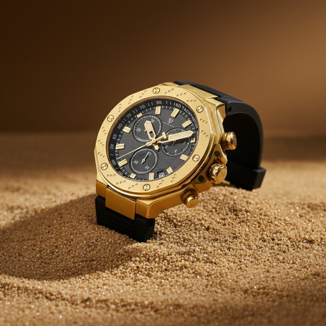 Romano Black Dial Men’s Watch — Gold Case & Black Silicone Strap