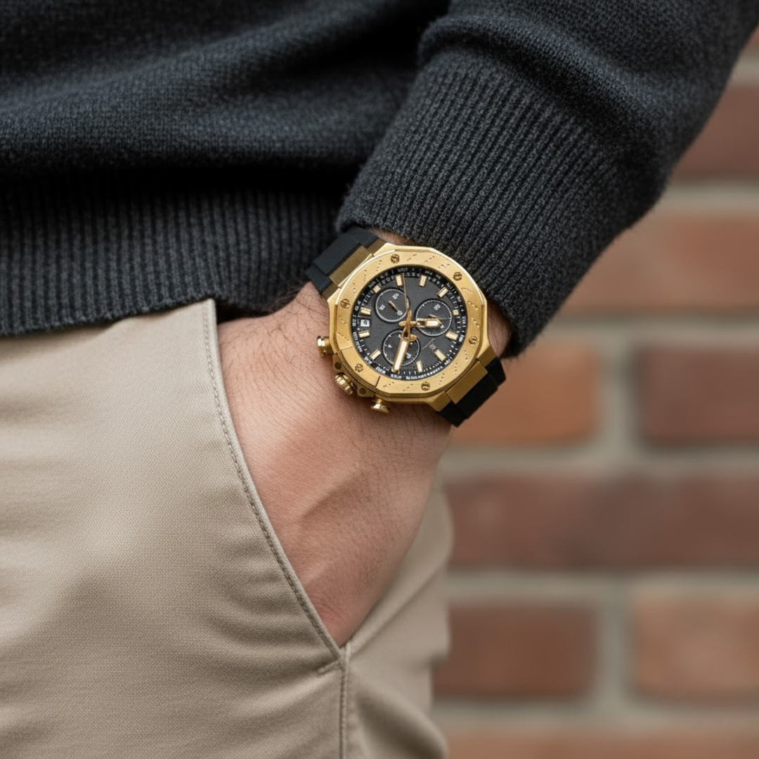 Romano Black Dial Men’s Watch — Gold Case & Black Silicone Strap