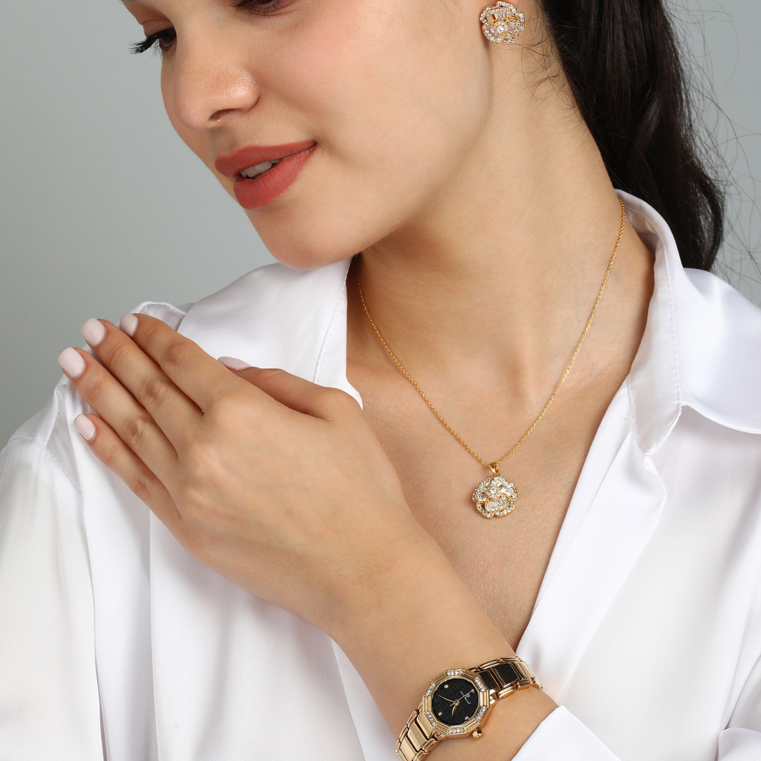 Sansi Mayo Women’s Watch & Jewellery Gift Set — Gold with Black Dial & Egyptian Stone