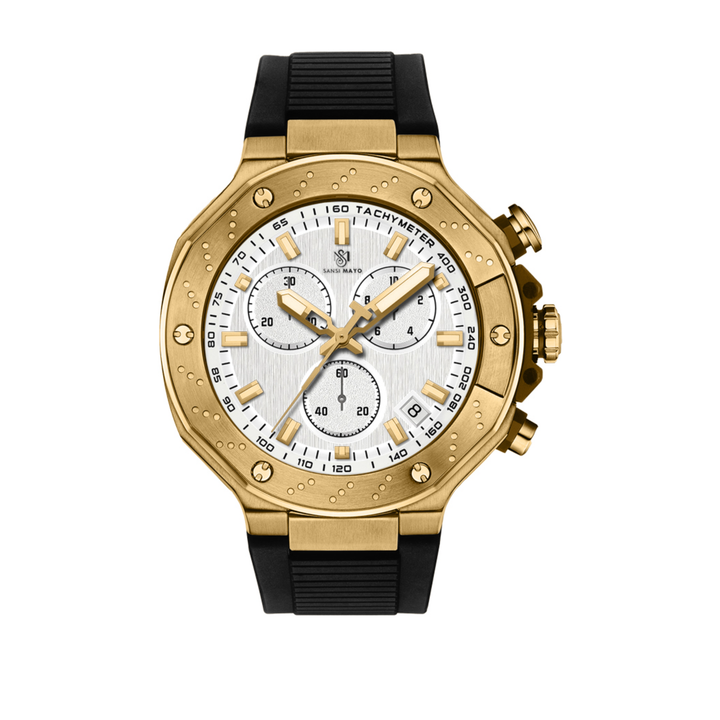 Romano White Dial Watch — Black Strap, Gold Case for Men
