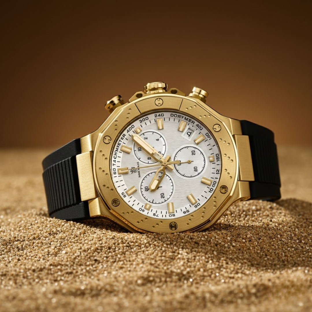 Romano White Dial Watch — Black Strap, Gold Case for Men
