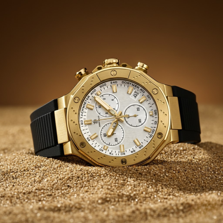 Romano White Dial Watch — Black Strap, Gold Case for Men
