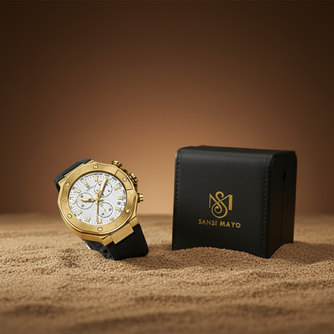 Romano White Dial Watch — Black Strap, Gold Case for Men