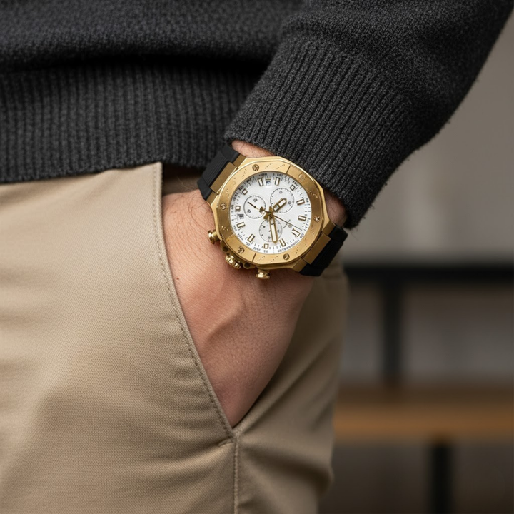 Romano White Dial Watch — Black Strap, Gold Case for Men