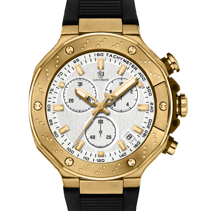 Romano White Dial Watch — Black Strap, Gold Case for Men