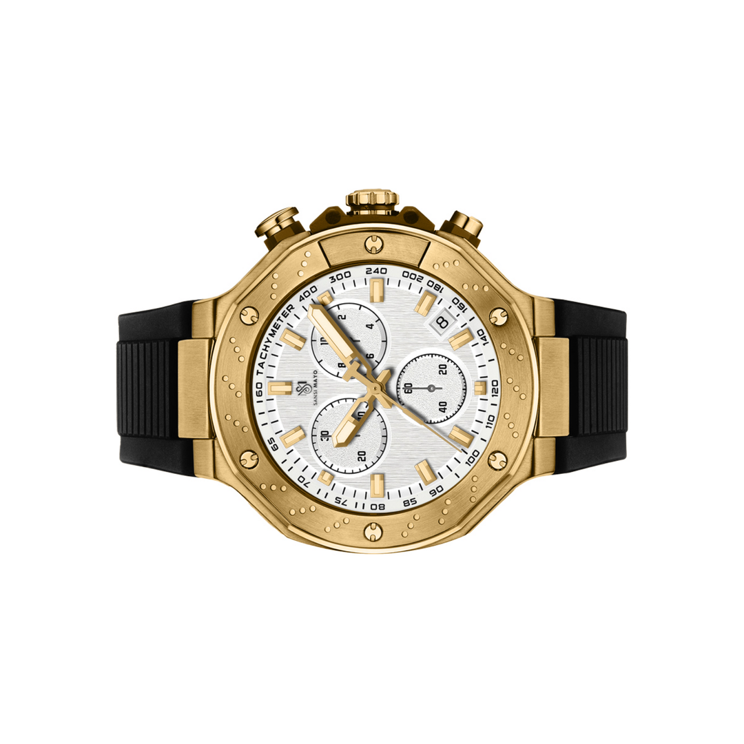 Romano White Dial Watch — Black Strap, Gold Case for Men