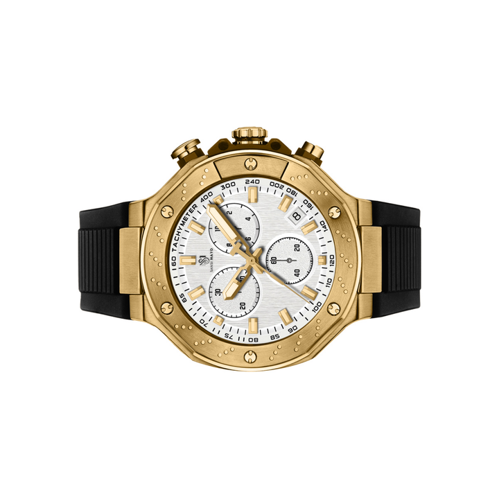 Romano White Dial Watch — Black Strap, Gold Case for Men