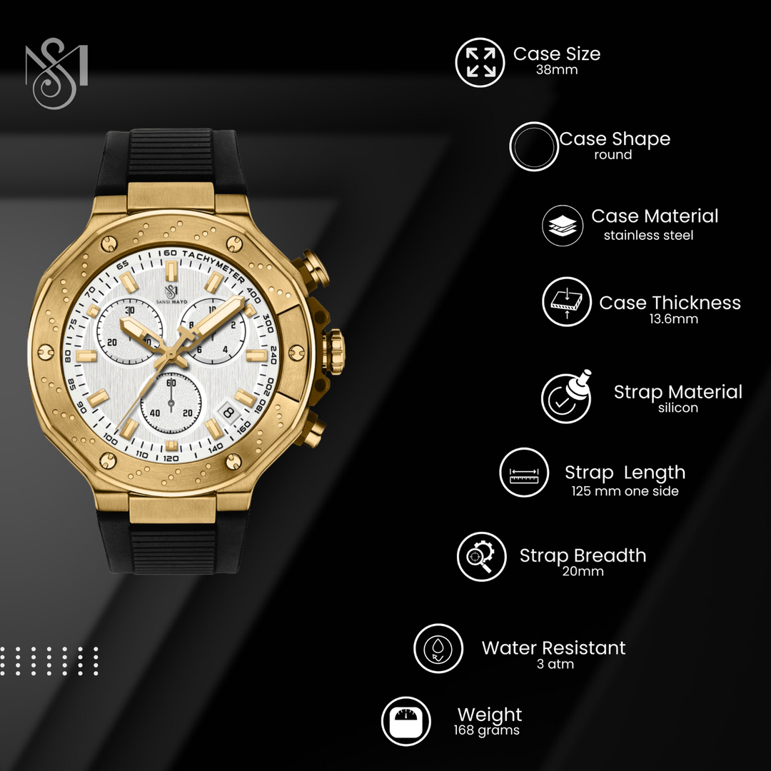 Romano White Dial Watch — Black Strap, Gold Case for Men