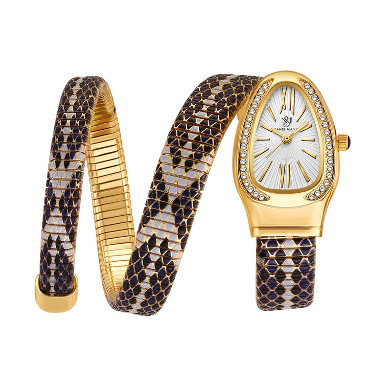 Koil Snake Two-Tone Gold Black Silver Bracelet Watch — White Dial | Sansi Mayo