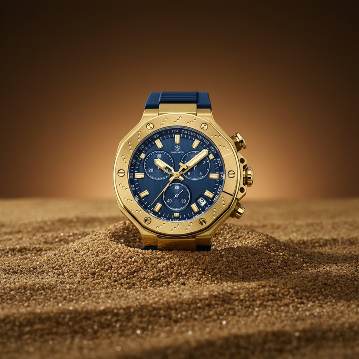 Romano Blue Dial Men’s Watch — Gold Case & Blue Silicone Strap