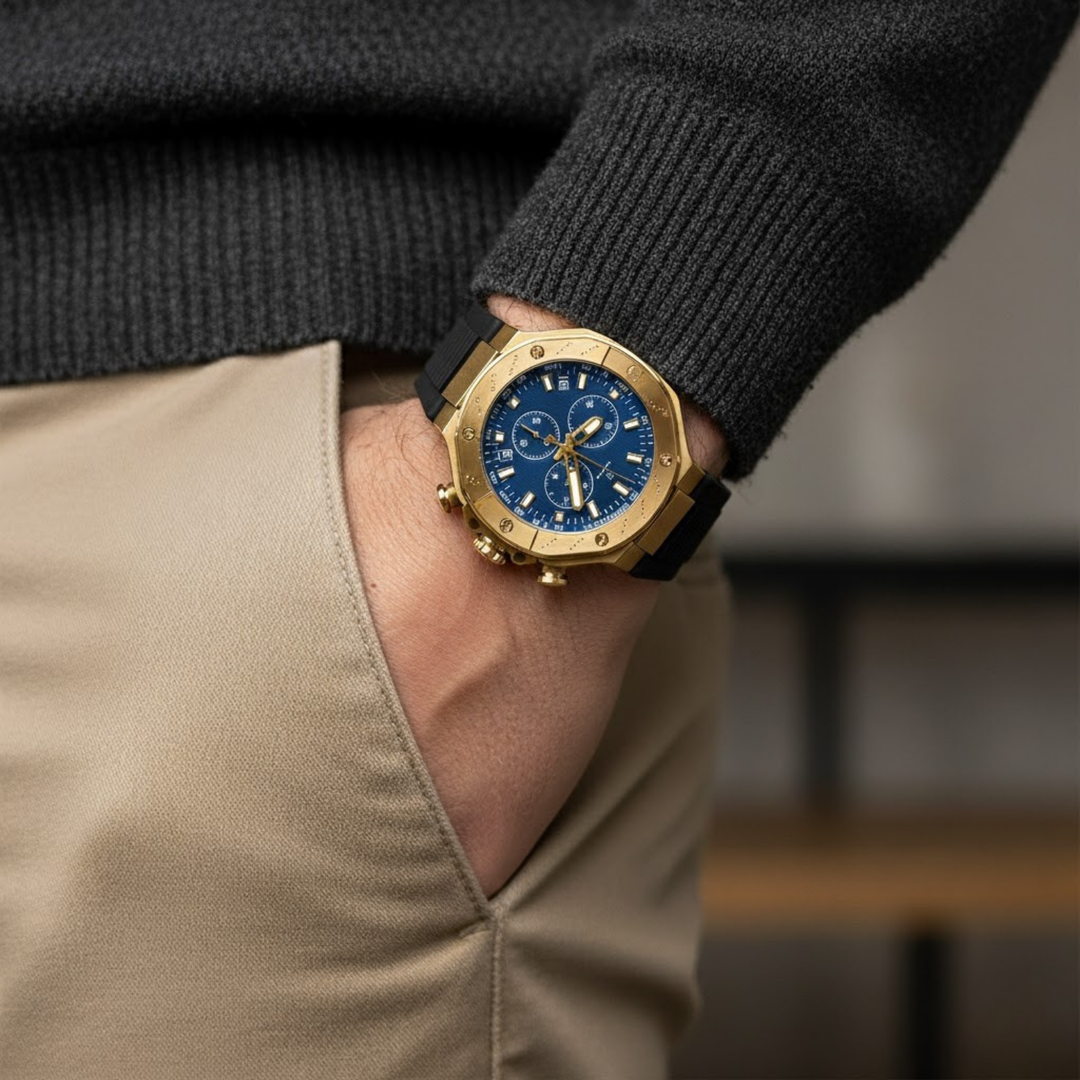 Romano Blue Dial Men’s Watch — Gold Case & Blue Silicone Strap
