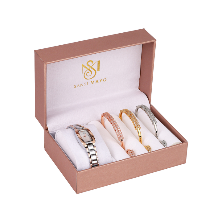 Sansimayo Women’s White Dial Watch with Bangle & Ring Set – Two Tone Silver Gold