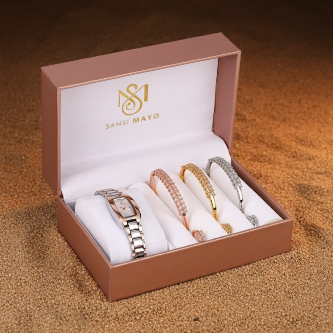 Sansimayo Women’s White Dial Watch with Bangle & Ring Set – Two Tone Silver Gold