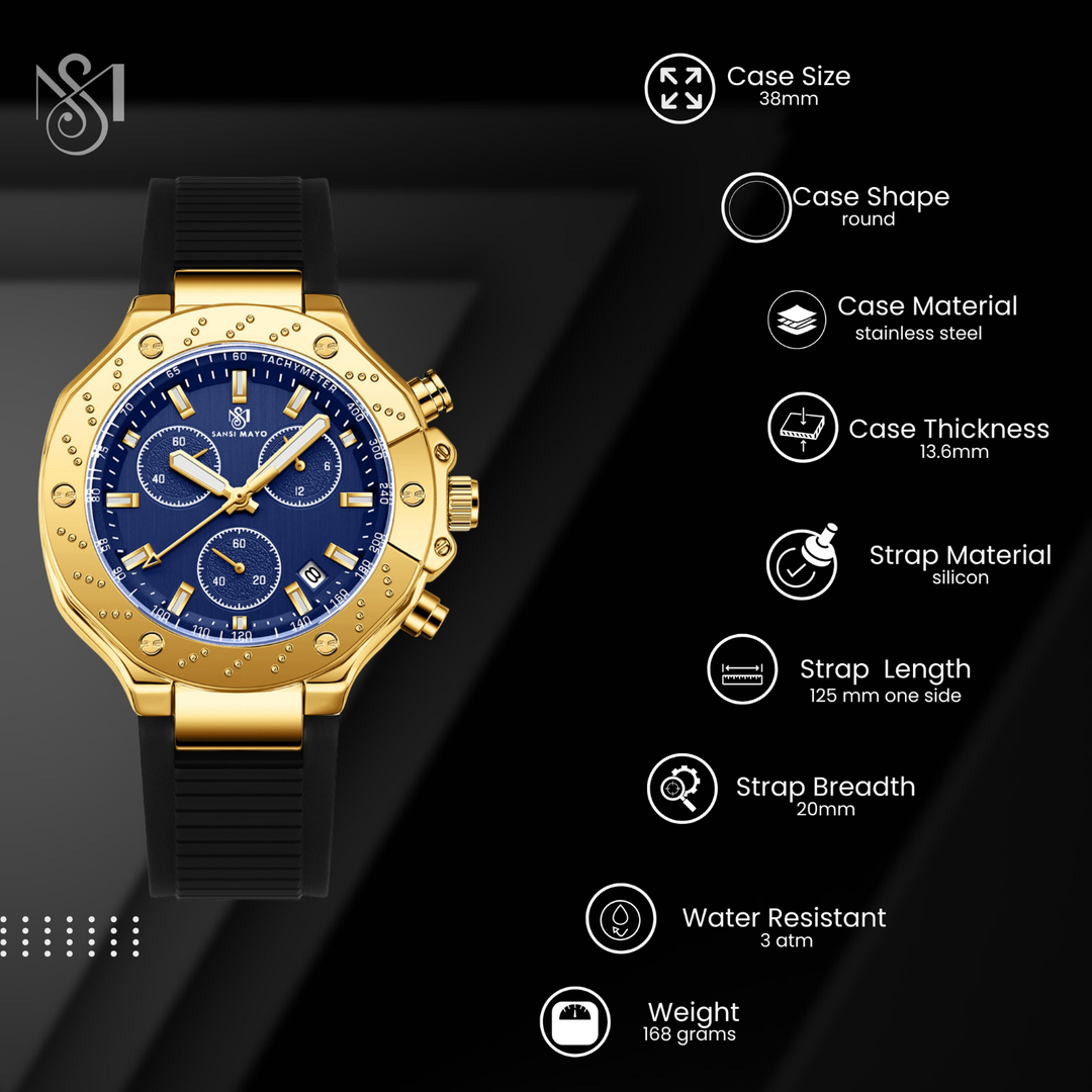 Romano Blue Dial Men’s Watch — Gold Case & Blue Silicone Strap