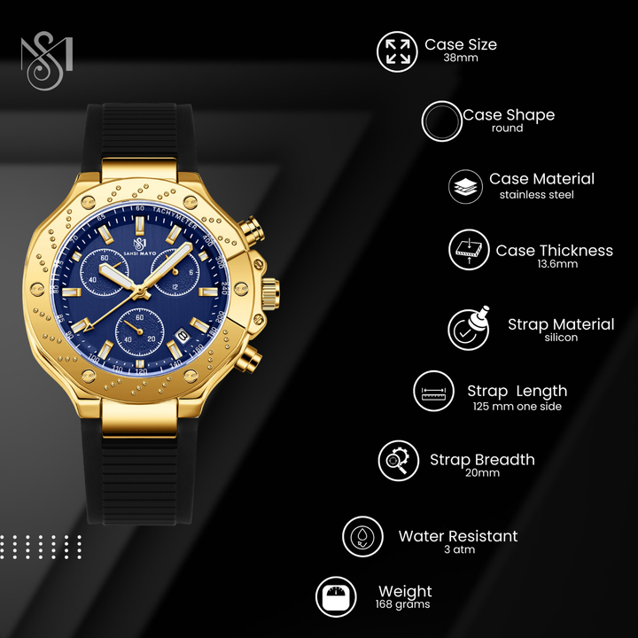 Romano Blue Dial Men’s Watch — Gold Case & Blue Silicone Strap
